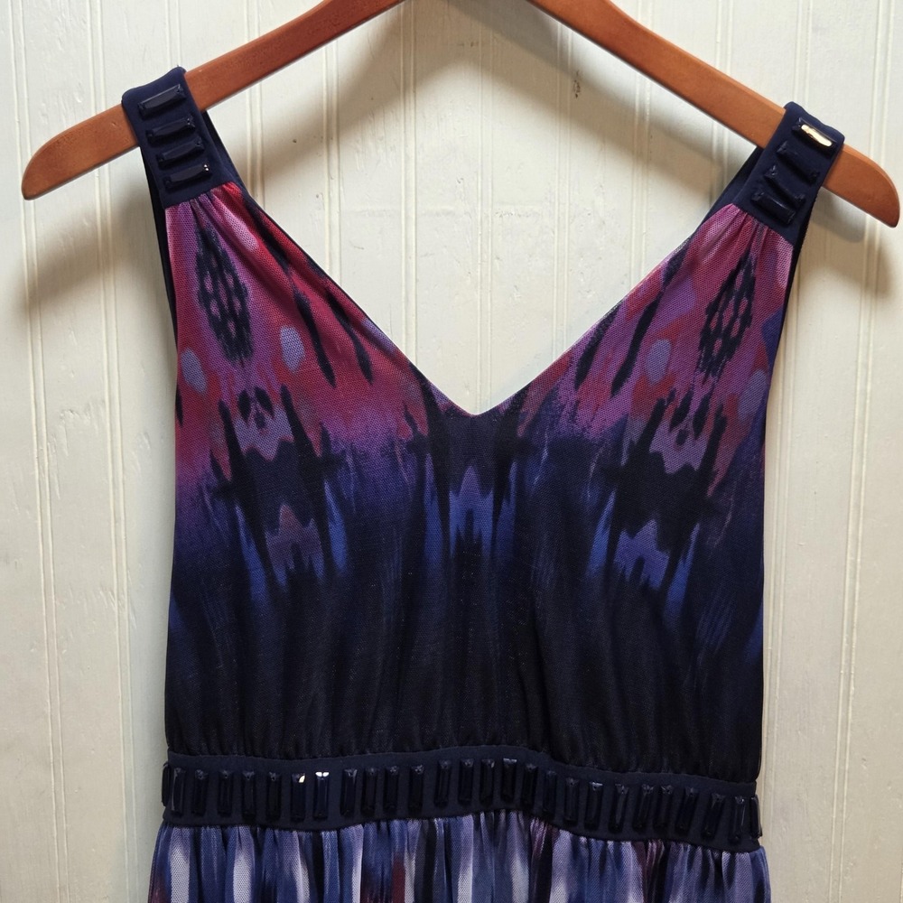 Luxe by Carmen Marc Valvo Ikat Print Embellished Mesh Maxi Dress Purple Navy XL